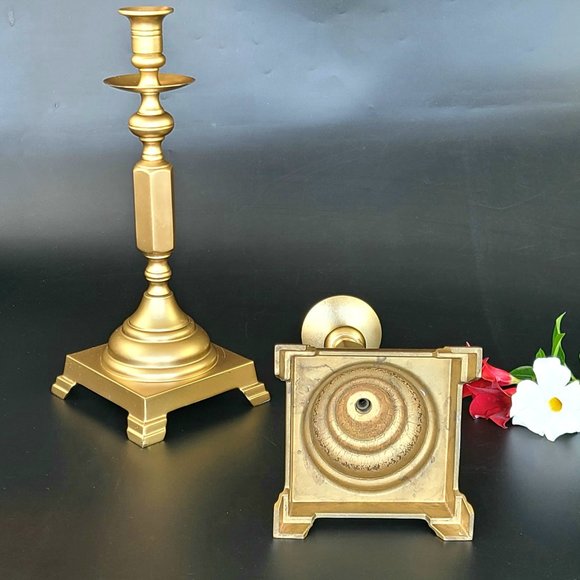 Vintage Candlestick Holders - 13 1/4" Tall * 4.5"*4.5" Base - Solid Brass - Pair - Picture 8 of 10